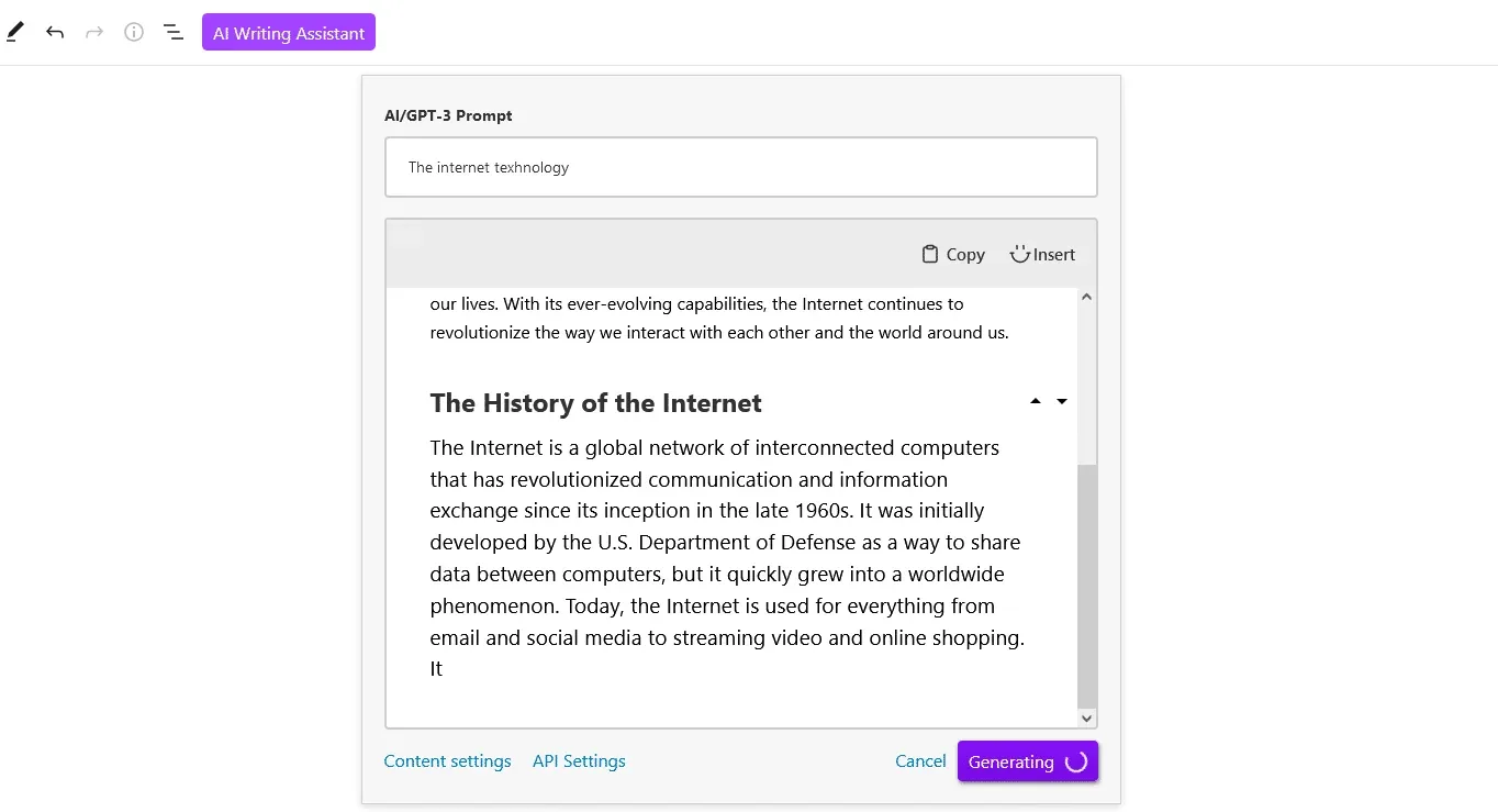 AI Content Writing Assistant generating a draft inside the WordPress editor