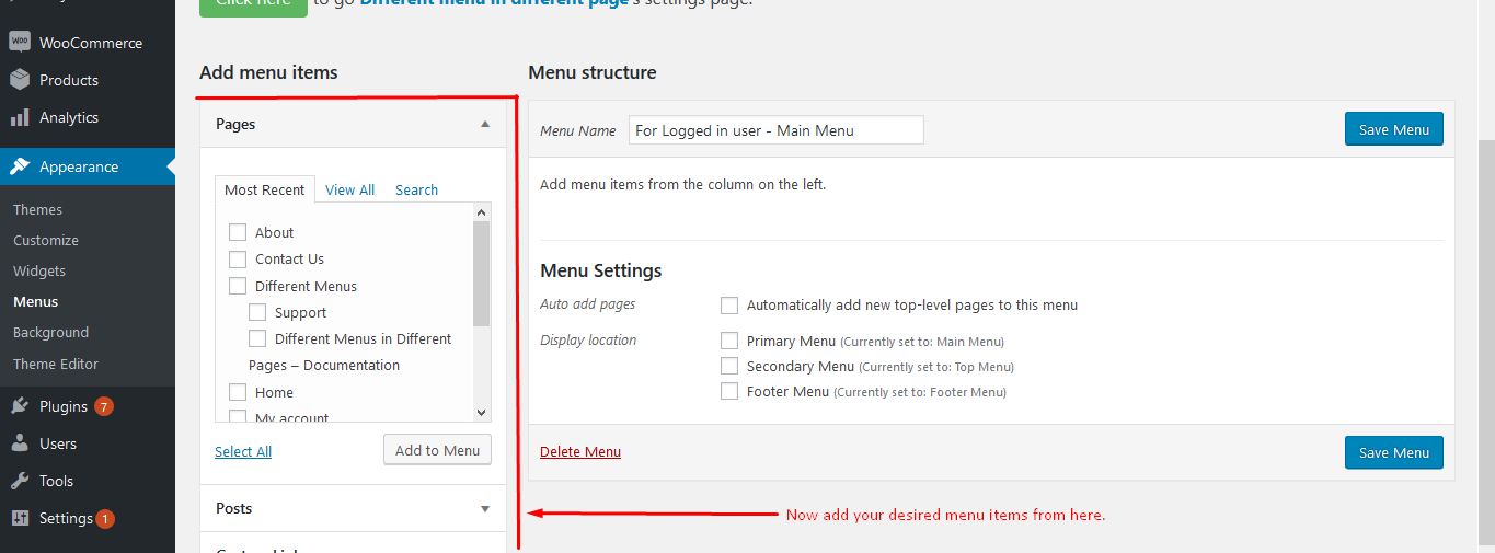 Select menu items for different menu