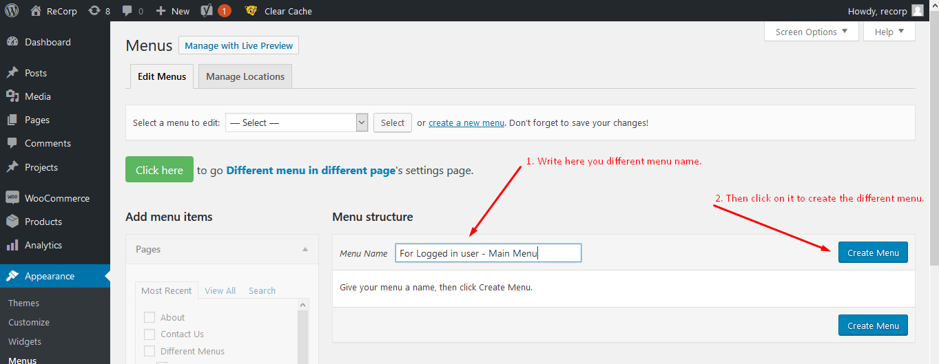 Different menu name field in WordPress admin