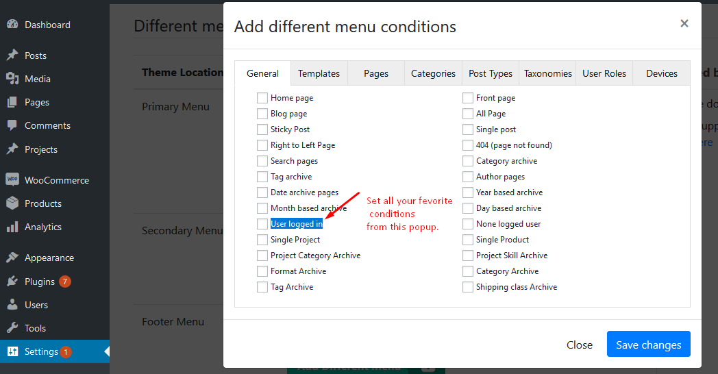 Add different menu conditions popup